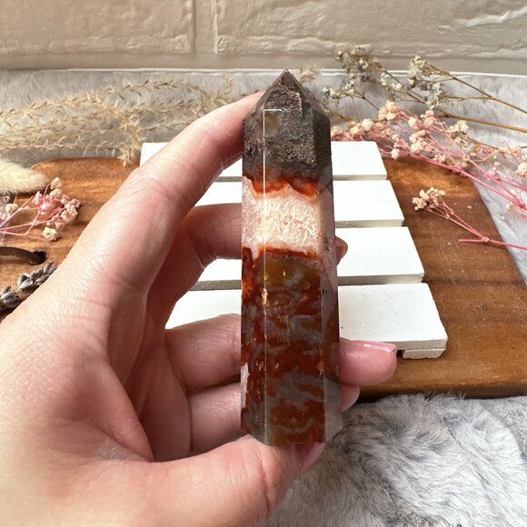 Beautiful Small Red Moss Agate Tower Obelisk - Picture 2 of 7
